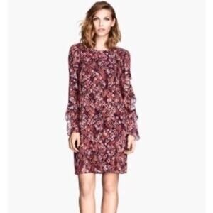 H&M Brown Multicolored Floral Ruffle Long Sleeve Dress Size 14